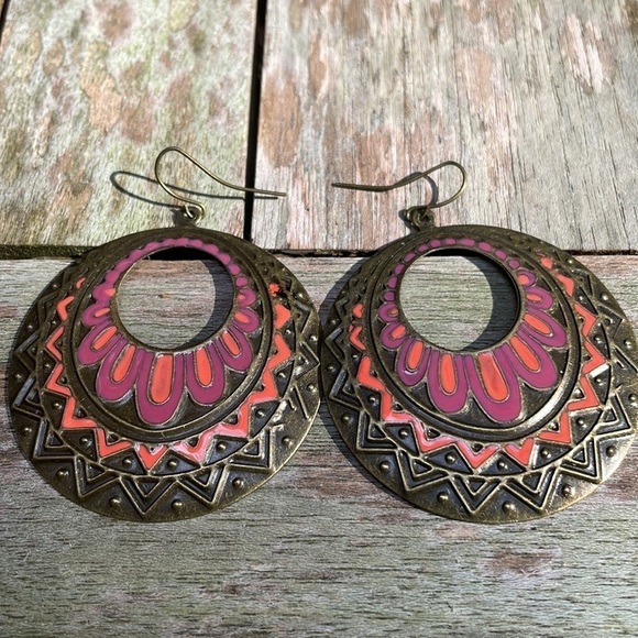 Bohemian Colorful Pattern Bronze Hoops - Picture 10 of 11
